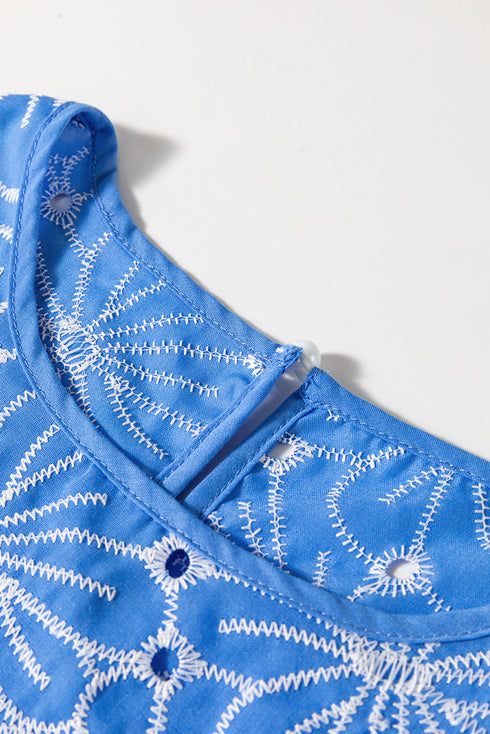 Floral Embroidered Eyelet Puff Sleeve Frilled Blouse