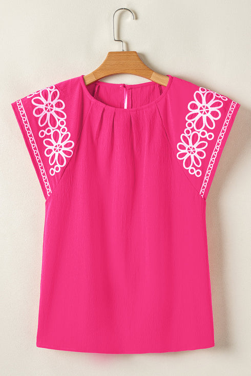 Floral Embroidered Flutter Sleeve Pleated High Neck Blouse
