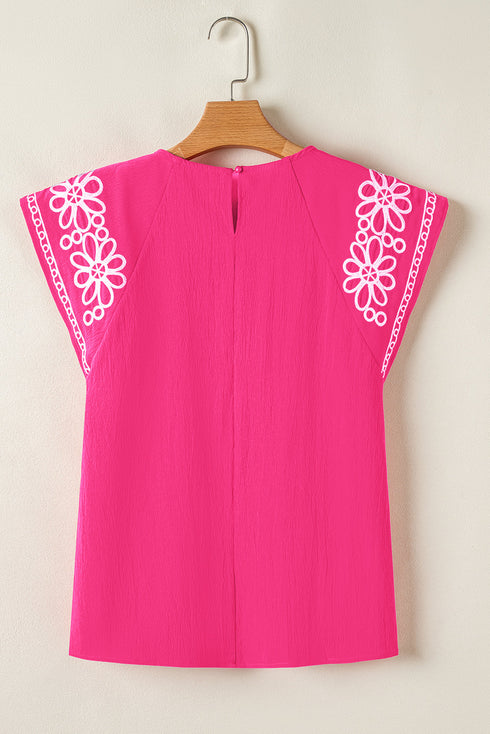 Floral Embroidered Flutter Sleeve Pleated High Neck Blouse