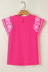 Floral Embroidered Flutter Sleeve Pleated High Neck Blouse