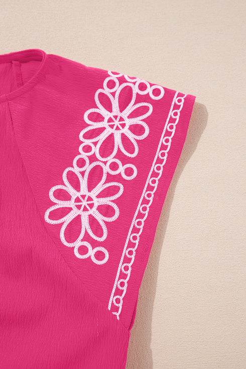 Floral Embroidered Flutter Sleeve Pleated High Neck Blouse
