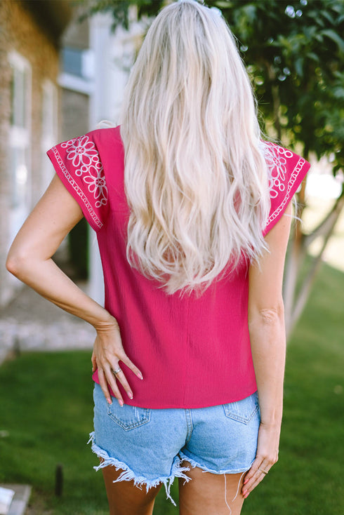 Floral Embroidered Flutter Sleeve Pleated High Neck Blouse
