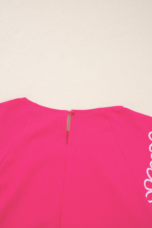 Floral Embroidered Flutter Sleeve Pleated Round Neck Blouse