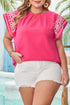 Floral Embroidered Flutter Sleeve Pleated Round Neck Blouse