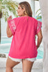 Floral Embroidered Flutter Sleeve Pleated Round Neck Blouse