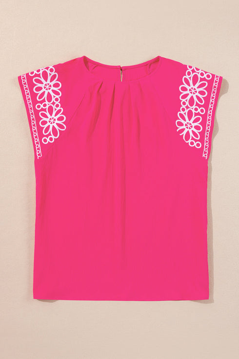 Floral Embroidered Flutter Sleeve Pleated Round Neck Blouse