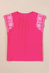 Floral Embroidered Flutter Sleeve Pleated Round Neck Blouse