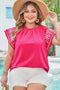 Floral Embroidered Flutter Sleeve Pleated Round Neck Blouse
