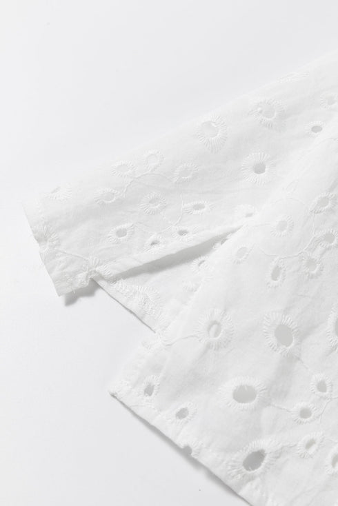 Floral Embroidered Hollow Out Puff Sleeve Cotton Blouse