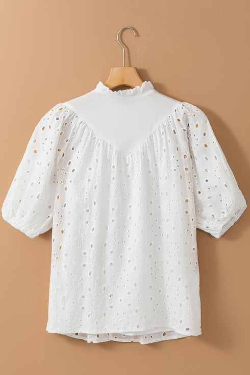 Floral Embroidered Hollow Out Puff Sleeve Cotton Blouse