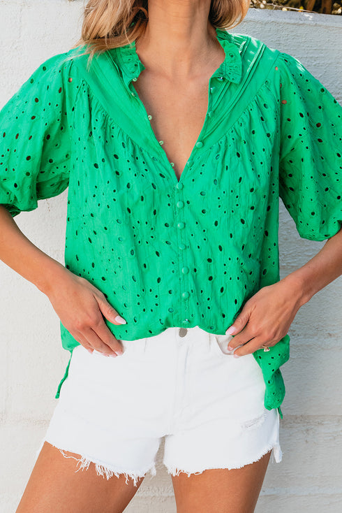 Floral Embroidered Hollow Out Puff Sleeve Cotton Blouse