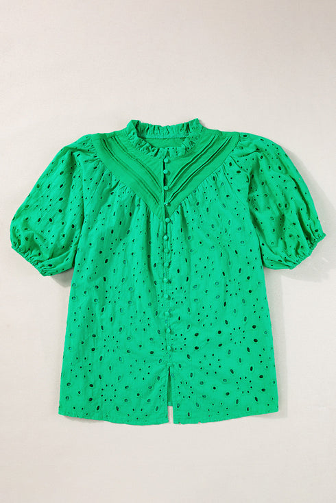Floral Embroidered Hollow Out Puff Sleeve Cotton Blouse