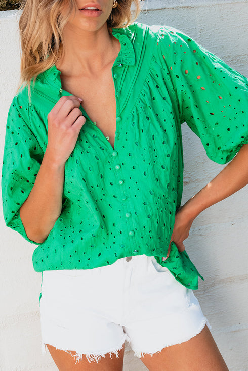 Floral Embroidered Hollow Out Puff Sleeve Cotton Blouse