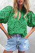 Floral Embroidered Hollow Out Puff Sleeve Cotton Blouse