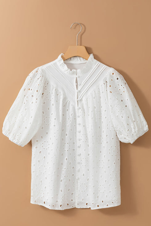 Floral Embroidered Hollow Out Puff Sleeve Cotton Blouse