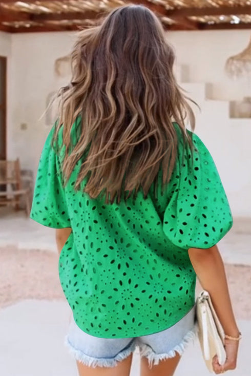 Floral Embroidered Hollow Out Puff Sleeve Cotton Blouse