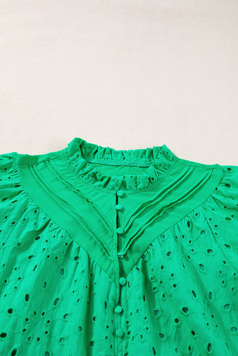 Floral Embroidered Hollow Out Puff Sleeve Cotton Blouse