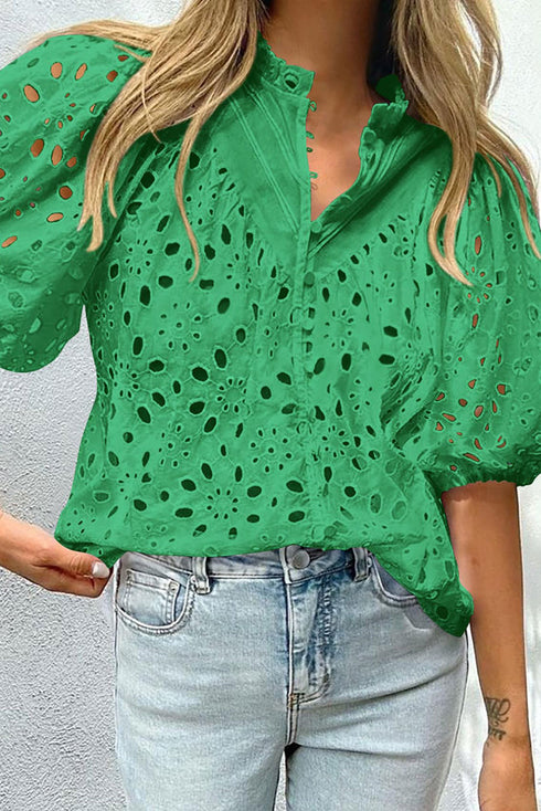Floral Embroidered Hollow Out Puff Sleeve Cotton Blouse