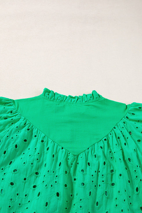 Floral Embroidered Hollow Out Puff Sleeve Cotton Blouse