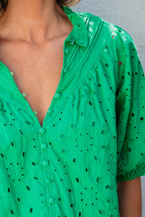 Floral Embroidered Hollow Out Puff Sleeve Cotton Blouse