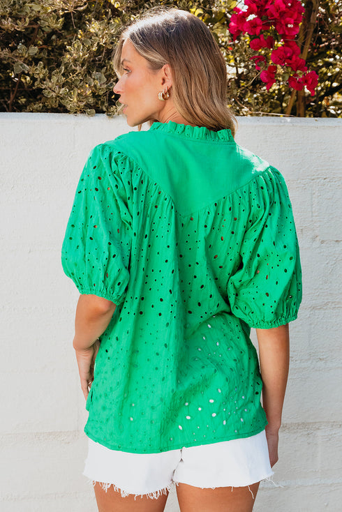 Floral Embroidered Hollow Out Puff Sleeve Cotton Blouse