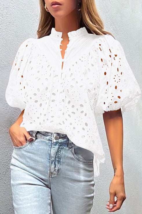 Floral Embroidered Hollow Out Puff Sleeve Cotton Blouse