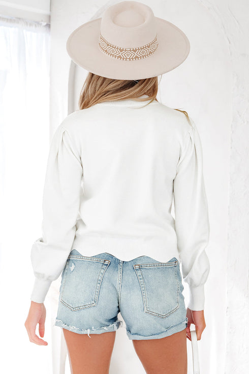 Floral Embroidered Mock Neck Scalloped Hem Knit Sweater