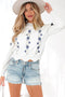 Floral Embroidered Mock Neck Scalloped Hem Knit Sweater