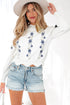 Floral Embroidered Mock Neck Scalloped Hem Knit Sweater