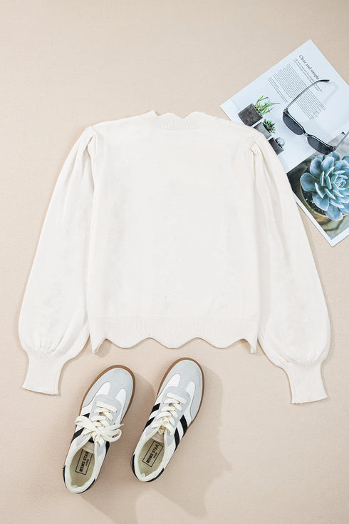 Floral Embroidered Mock Neck Scalloped Hem Knit Sweater