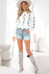Floral Embroidered Mock Neck Scalloped Hem Knit Sweater