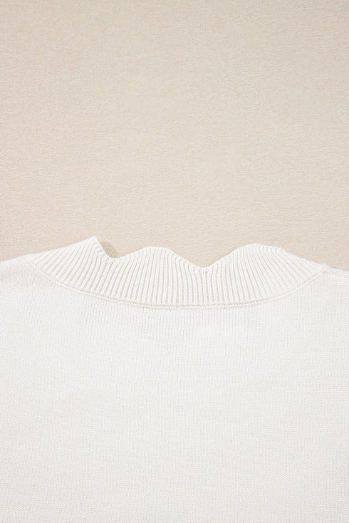 Floral Embroidered Mock Neck Scalloped Hem Knit Sweater