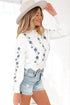 Floral Embroidered Mock Neck Scalloped Hem Knit Sweater