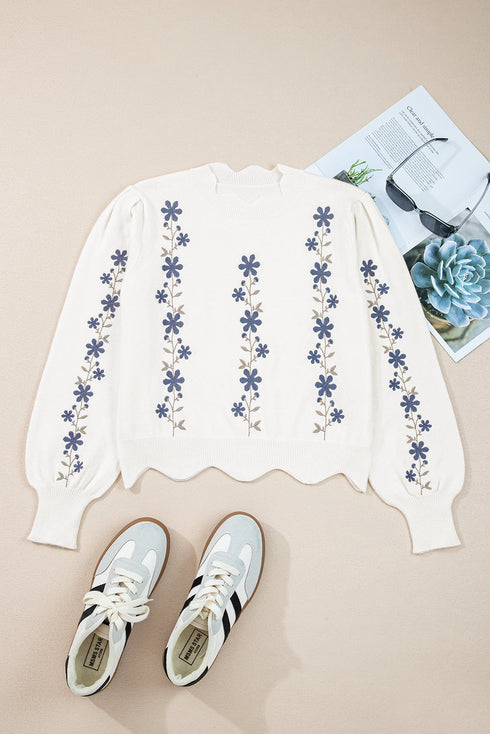 Floral Embroidered Mock Neck Scalloped Hem Knit Sweater