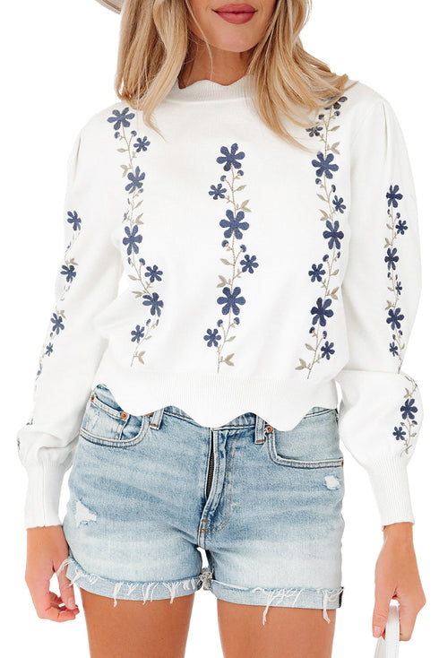 Floral Embroidered Mock Neck Scalloped Hem Knit Sweater