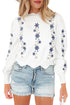Floral Embroidered Mock Neck Scalloped Hem Knit Sweater