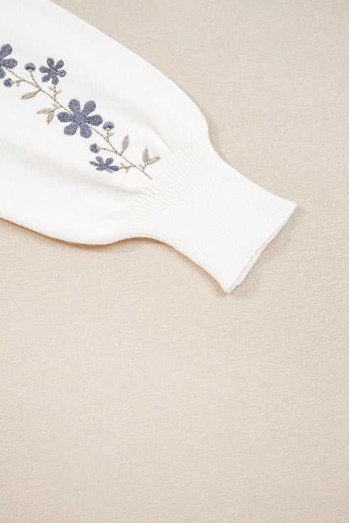 Floral Embroidered Mock Neck Scalloped Hem Knit Sweater