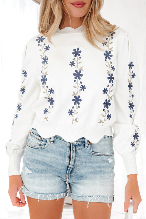 Floral Embroidered Mock Neck Scalloped Hem Knit Sweater