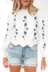 Floral Embroidered Mock Neck Scalloped Hem Knit Sweater