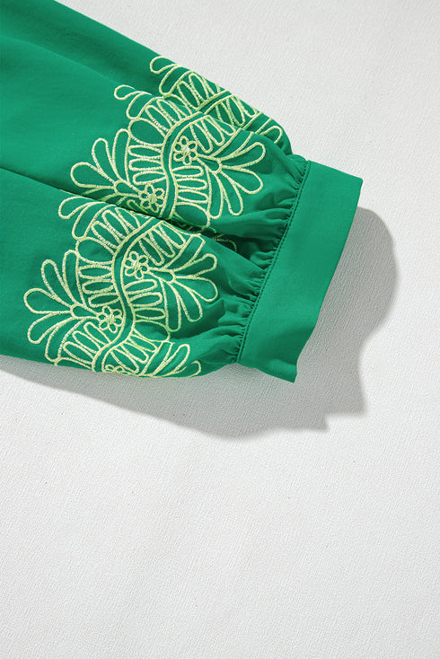 Floral Embroidered Notched Neckline Three Quarter Sleeve Blouse