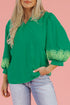 Floral Embroidered Notched Neckline Three Quarter Sleeve Blouse