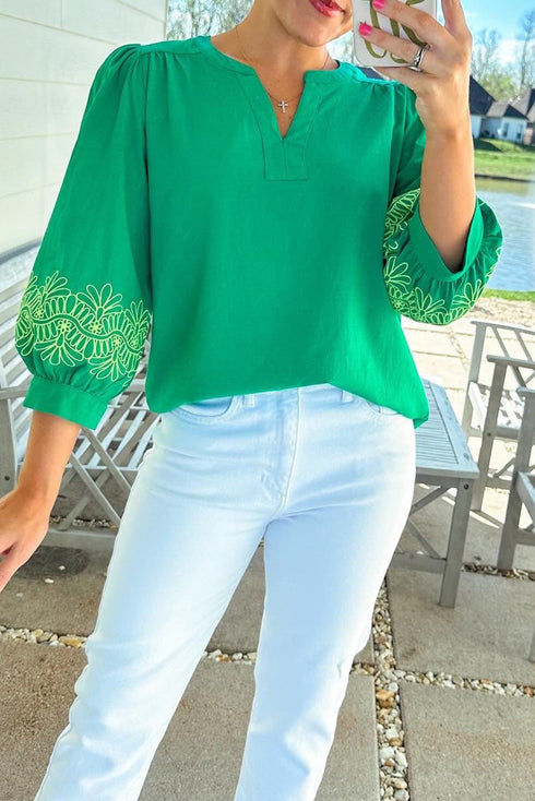 Floral Embroidered Notched Neckline Three Quarter Sleeve Blouse