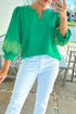 Floral Embroidered Notched Neckline Three Quarter Sleeve Blouse