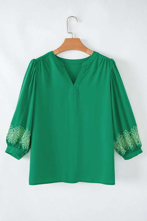 Floral Embroidered Notched Neckline Three Quarter Sleeve Blouse