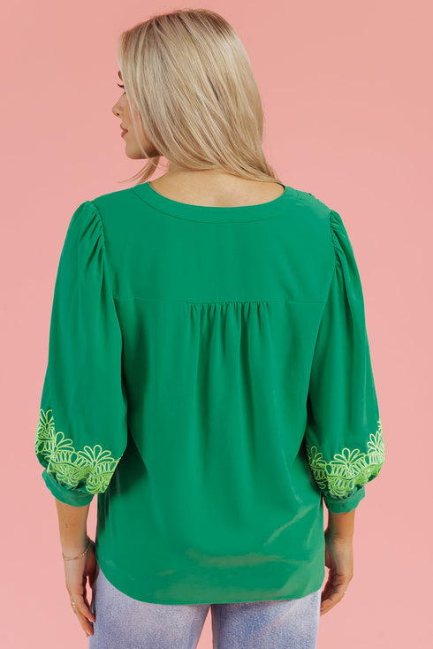 Floral Embroidered Notched Neckline Three Quarter Sleeve Blouse