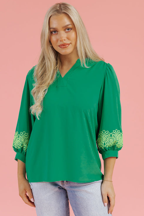 Floral Embroidered Notched Neckline Three Quarter Sleeve Blouse