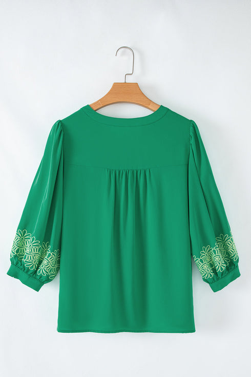 Floral Embroidered Notched Neckline Three Quarter Sleeve Blouse