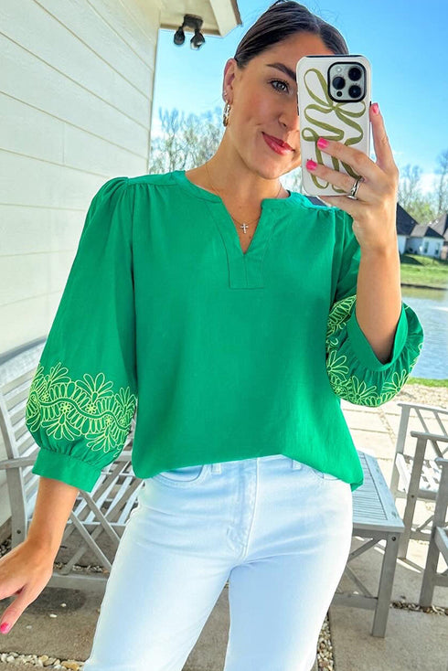 Floral Embroidered Notched Neckline Three Quarter Sleeve Blouse