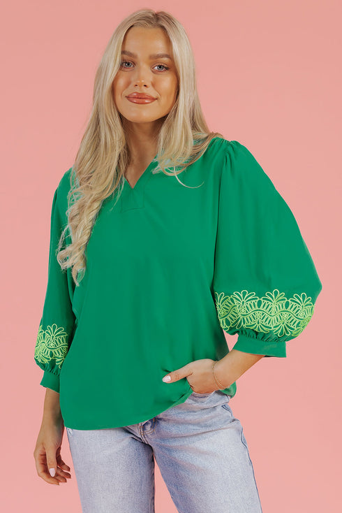 Floral Embroidered Notched Neckline Three Quarter Sleeve Blouse