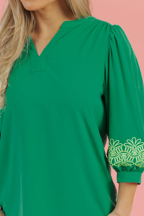 Floral Embroidered Notched Neckline Three Quarter Sleeve Blouse